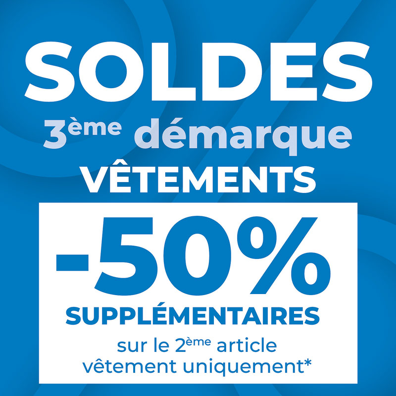 Découvrez notre 3ème démarque de soldes sur les vêtements femme et homme et profitez de -50% sur le 3ème article vêtement