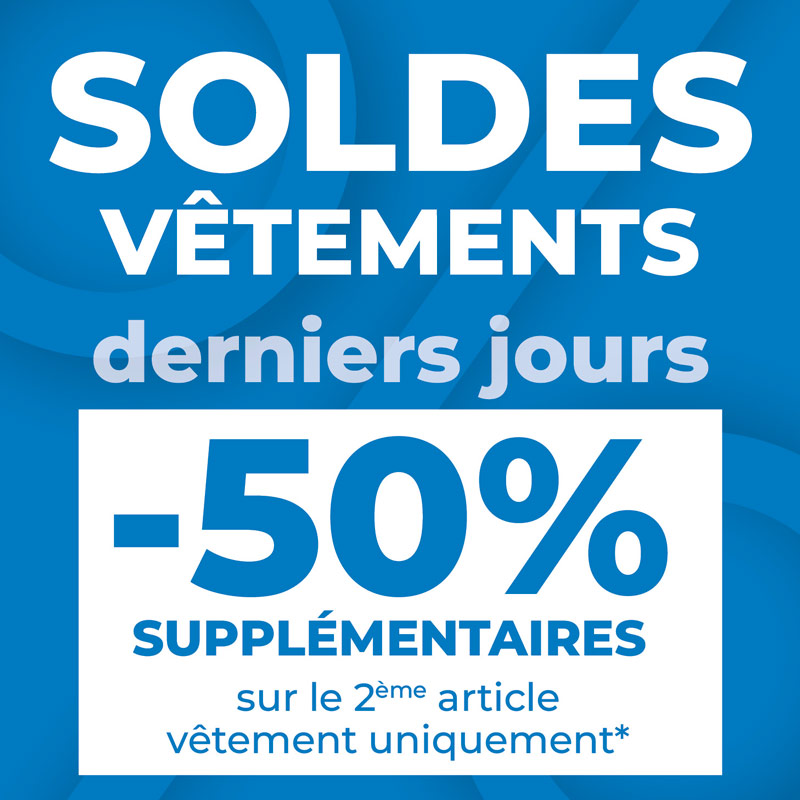 Découvrez notre dernière démarque de soldes sur les vêtements femme et homme et profitez de -50% sur le 3ème article vêtement